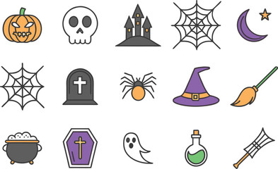Fototapeta premium Halloween Icons Illustration Set. Spooky Halloween Graphic Elements. Halloween Celebration Icon Collection. Halloween Symbols and Elements. Creepy Halloween Icons Design. Festive Halloween Icon Art