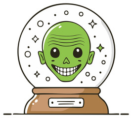 Naklejka premium Smiling cartoon alien head inside a snow globe with cute sparkles and details