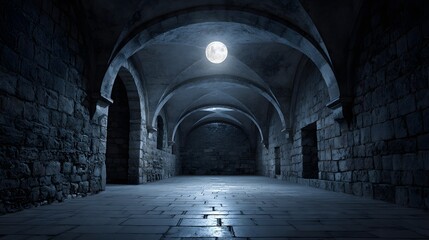 Fototapeta premium A long, stone-walled passageway, dimly lit by the pale moonlight, stretches into the distance.