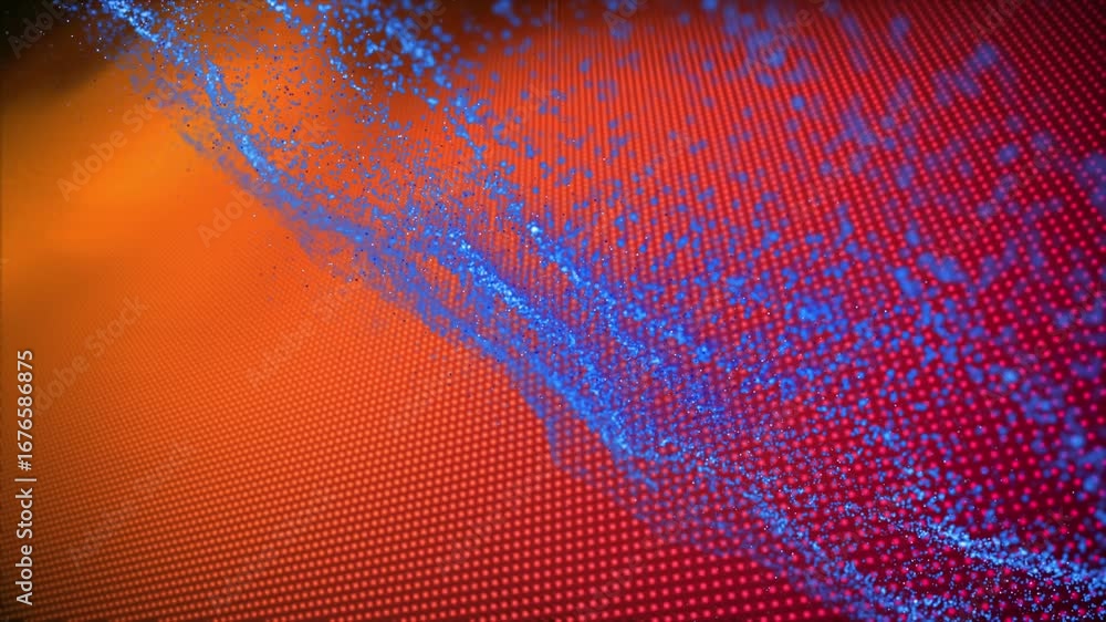 Poster animation of blue digital wave against rows pattern design texture over orange background