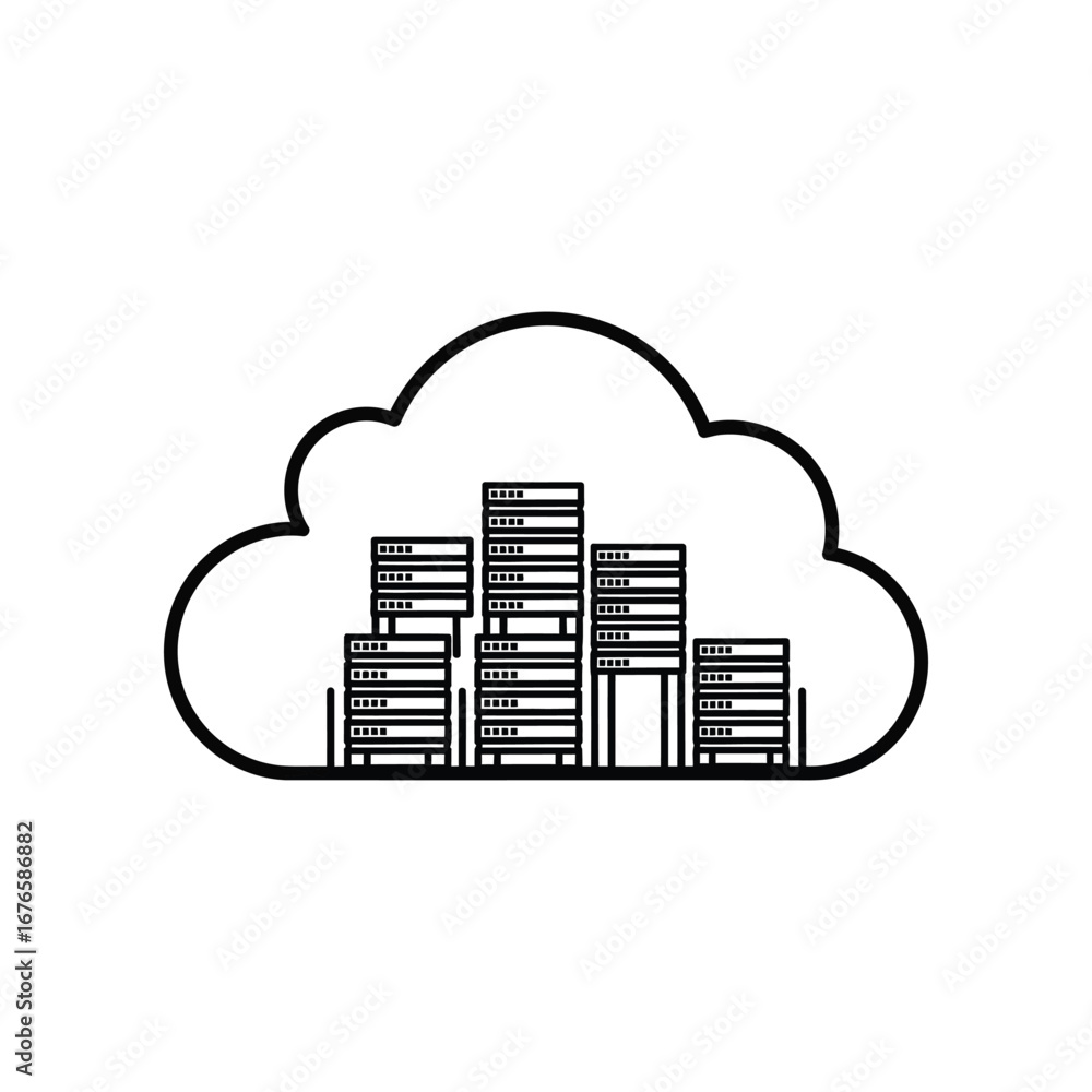 Poster cloud server illustration: a line art depiction of servers housed within a cloud, symbolizing digita