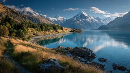 Obraz premium Scenic mountain reflection over tranquil lake new zealand nature photography serene environment wide angle landscape beauty
