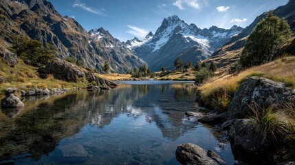Fototapeta premium Serene mountain lake reflection alpine region nature photography scenic view tranquil environment wilderness concept