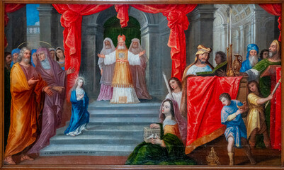 Stained glass (19th century) of The childhood of Mary: Presentation of Mary at the Temple.