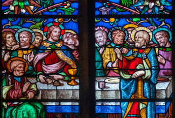 Stained glass (19th century) of Last supper of Jesus-Christ.