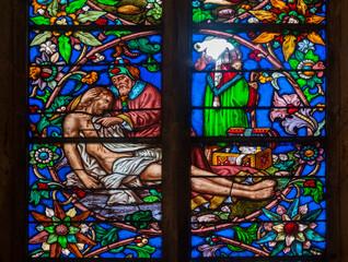 Stained glass (19th century) of the Passion of Jesus: Entombment of Christ.