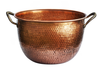 Detailed copper bucket with handles, hammered metal texture, kitchenware, antique style, vintage decor, container isolated on transparent background