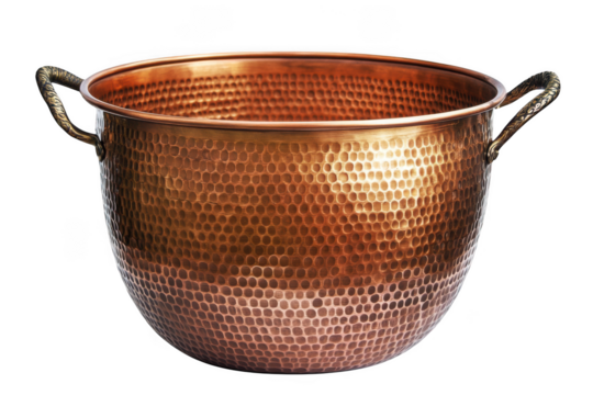 Detailed copper bucket with handles, hammered metal texture, kitchenware, antique style, vintage decor, container isolated on transparent background