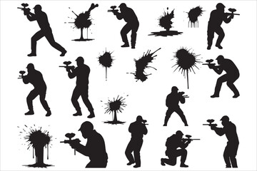 Paintball Player Silhouettes and Splatters Set