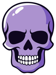 Fototapeta premium Cartoon illustration of a lavender skull with dark eye sockets and a wide grin.