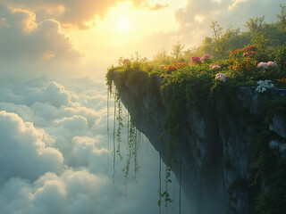 "A high-altitude cliffside garden naturally grown with vivid flowers and vines, floating above misty clouds, golden sun rays illuminating the vibrant details, surreal but natural."