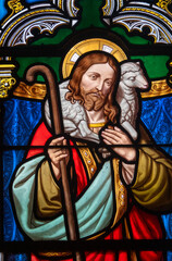 Stained glass (19th century) of Jesus the Good Shepherd.