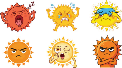 Cartoon sun characters showing emotions—angry, sleepy, sad, annoyed, playful, expressive faces, fun weather-themed illustration set for education, entertainment