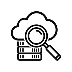 Data Insight: A clear icon visualizing data analysis, with a magnifying glass focused on a data cloud and server, symbolizing insight, information search, and exploration. 