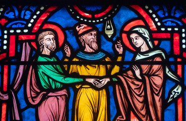 Stained glass (19th century) of Holy family: The wedding of Mary and Joseph.