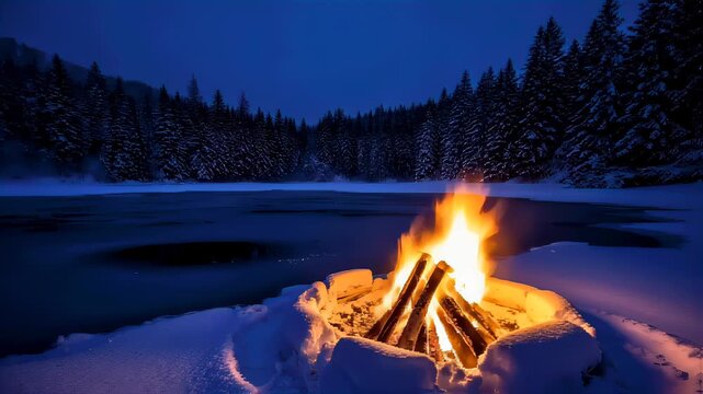 Campfire on a Frozen Lake at Night. Seamless looping 4k video background