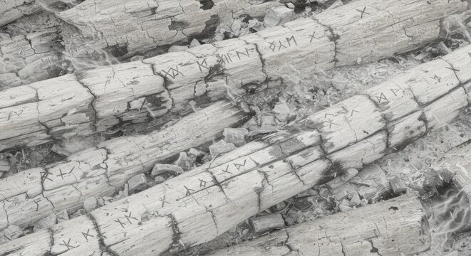 Close-up of gray ash wood marked &ldquo;akk,&rdquo; with burning white bark and charcoal wood in the background.
