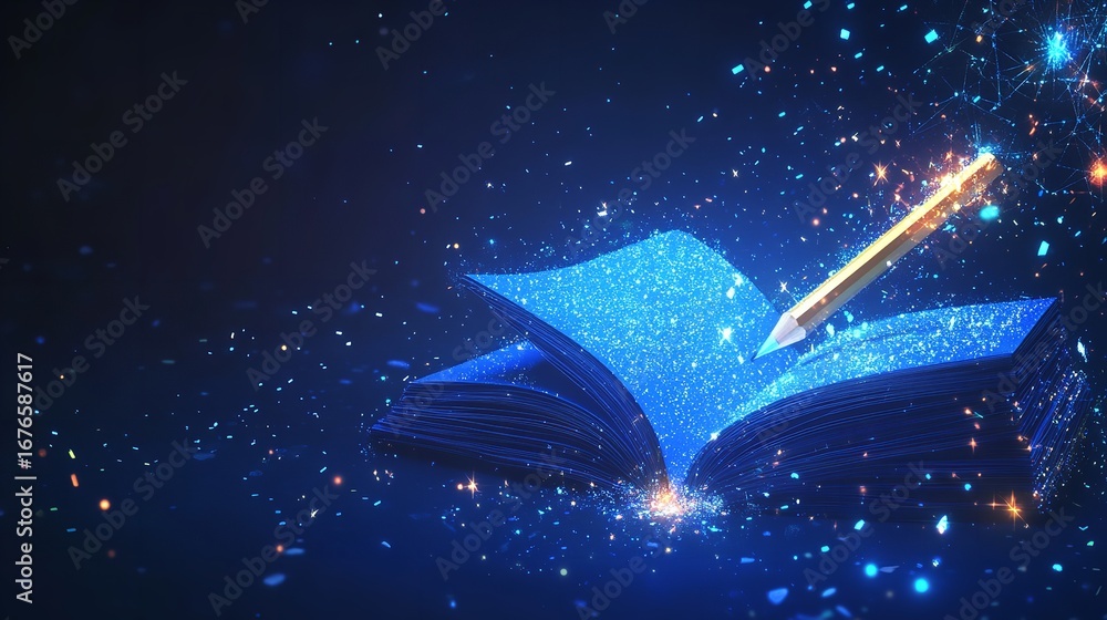 Poster a magical open book with a pencil writing in it surrounded by sparkling lights on a dark background