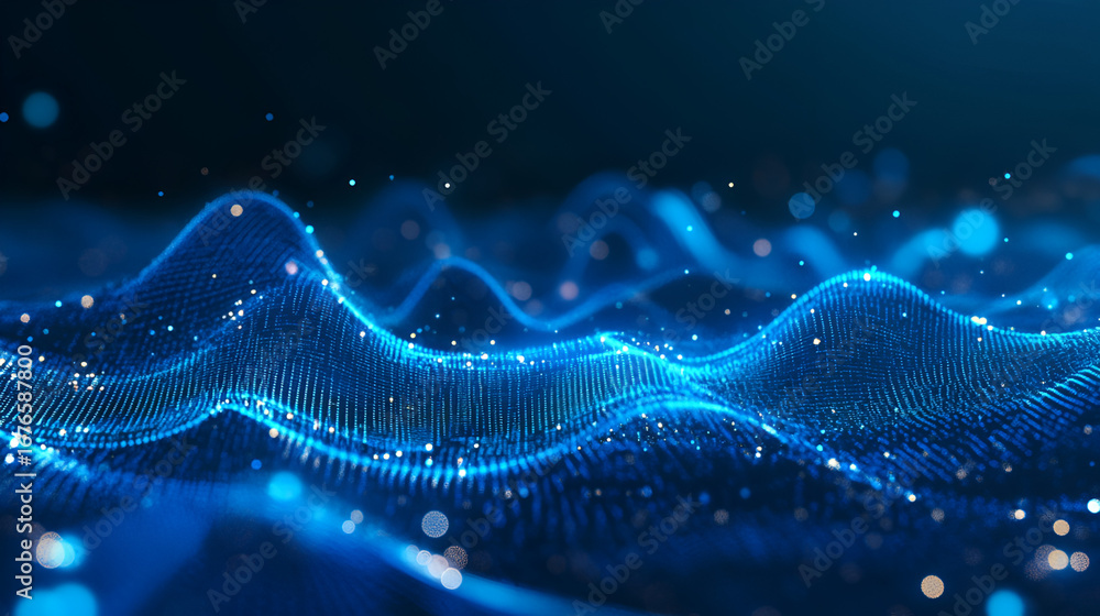 Poster blue digital waves with bokeh effects dotted patterns and soft glow create a mesmerizing display