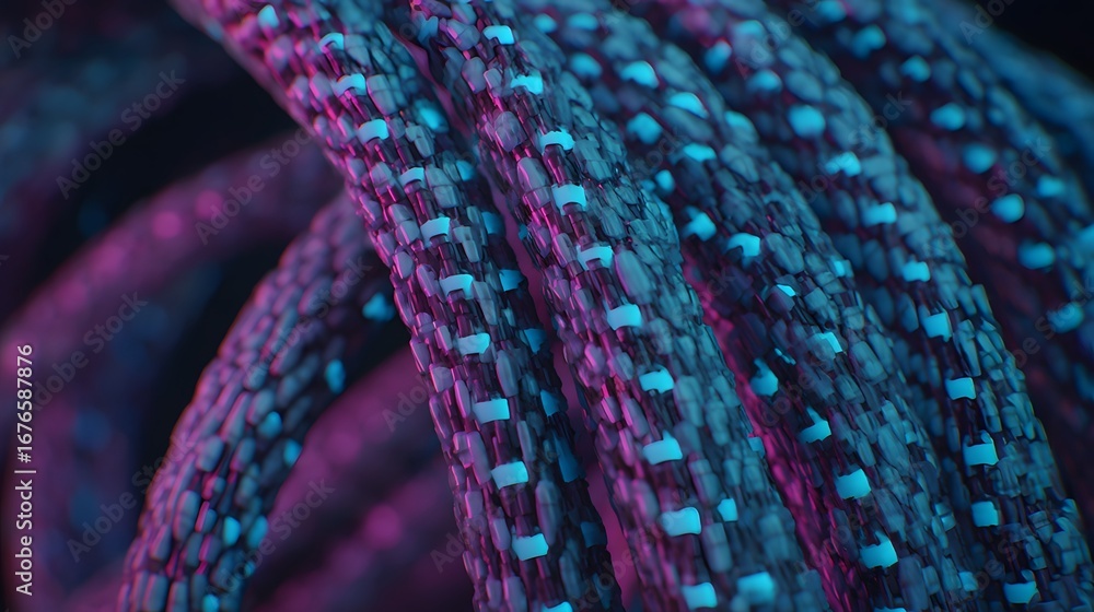 Poster close-up view of intricate, interwoven threads, highlighted by vibrant turquoise and fuchsia light, 