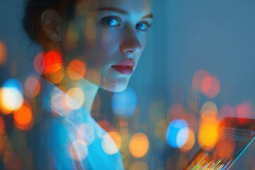 Businesswoman with tablet in urban skyline: visualizing tax data holographically. Compliance made easy. Financial insights on hmrc's revised vat policy for pension management. Pension fund help.