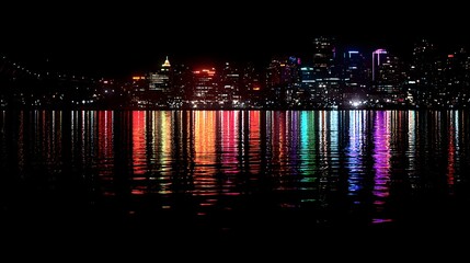 Colorful city skyline reflected in a dark night river, showcasing vibrant light displays.