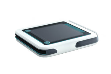 Futuristic white and gray tablet device mockup with screen display technology illustration isolated on transparent background