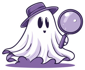 Obraz premium Cartoon Ghost Detective Wearing Hat Holding Magnifying Glass Searching and Investigating Illustration