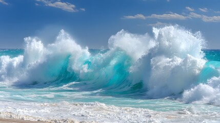 Obraz premium A powerful turquoise wave crashes dramatically on a sunny beach, showcasing the ocean's vibrant energy and foamy crest.