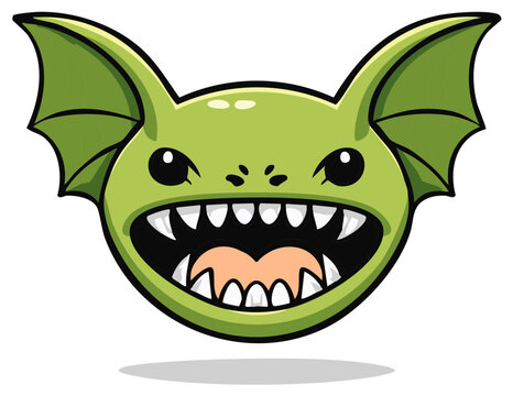 Angry green goblin head with bat wings, cartoon vector illustration