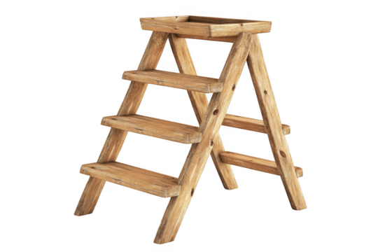 Rustic wooden step stool ladder furniture interior design home decor woodwork carpentry three steps isolated on transparent background
