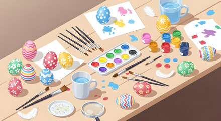 An overhead view of a wooden table with various colorful Easter eggs, paint palettes, brushes, and water cups, depicting an Easter egg decorating activity.