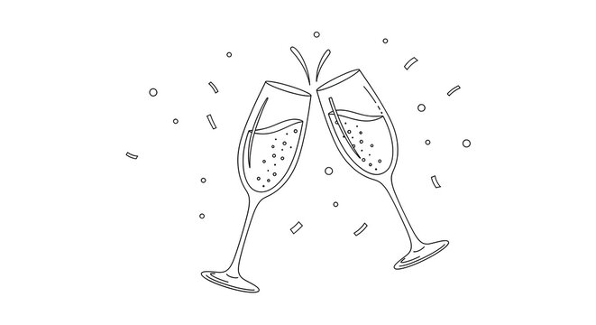Two champagne glasses clinking in a toast, with celebratory confetti and bubbles, line art illustration.