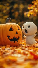 Cute ghost and jacko'lantern on autumn leaves celebrate halloween season fun day
