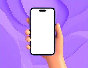 Hand holding phone, purple background