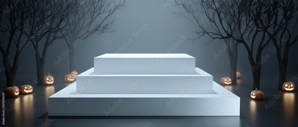 Poster elegant white podium with steps surrounded by small glowing lanterns and leafless trees in the backg