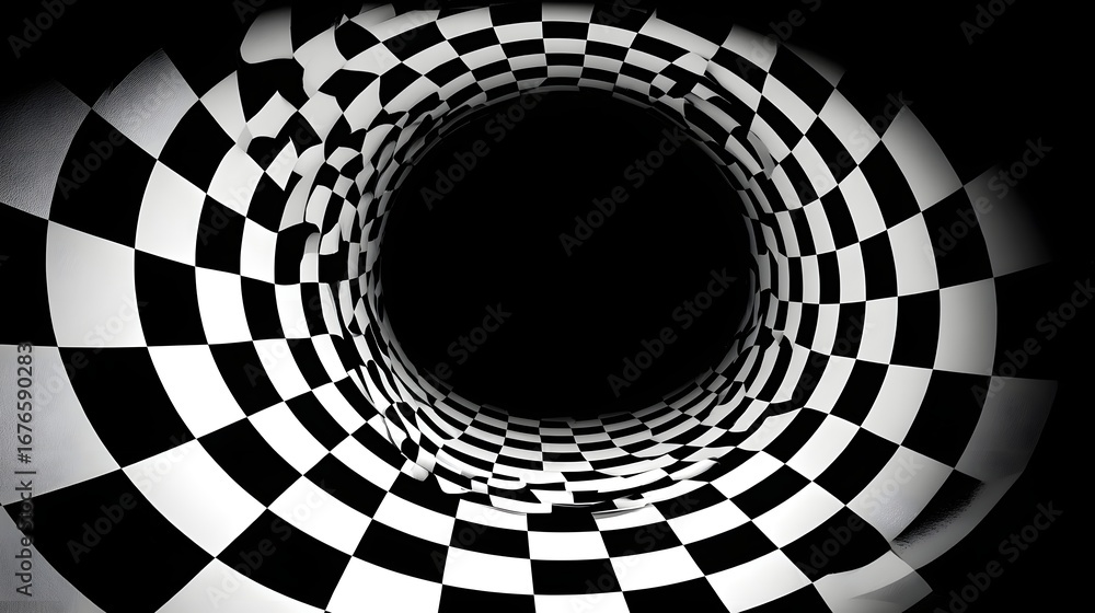Poster a black and white checkerboard pattern creates a mesmerizing tunnel effect, with squares converging 