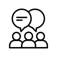 Dialogue Iconography: A simple, clean illustration of a team engaged in discussion, symbolized through speech bubbles, illustrating ideas, communications, and human interaction.