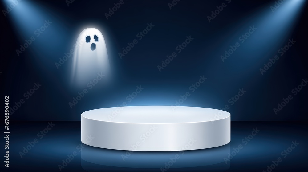 Poster modern illuminated empty stage with spotlight and ghostly shadow in dark theater setting for present