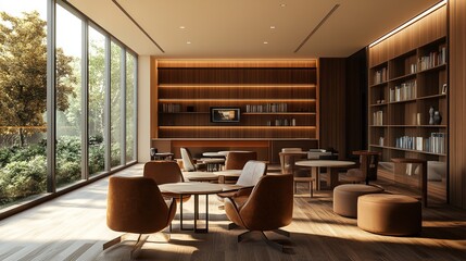 Interior view of a modern lounge area with bookshelves and large windows overlooking greenery outside