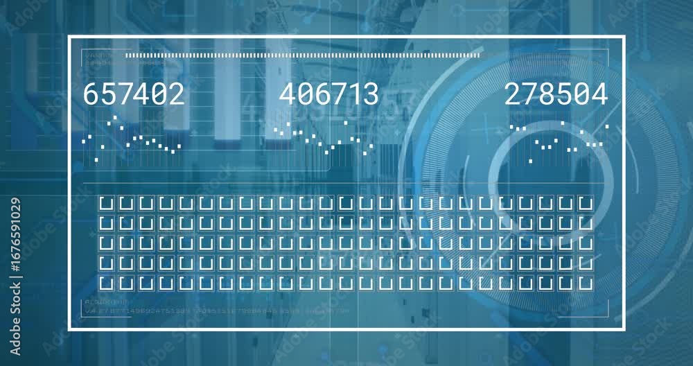 Aufkleber digital interface with data processing against moving over delivery box on blue background