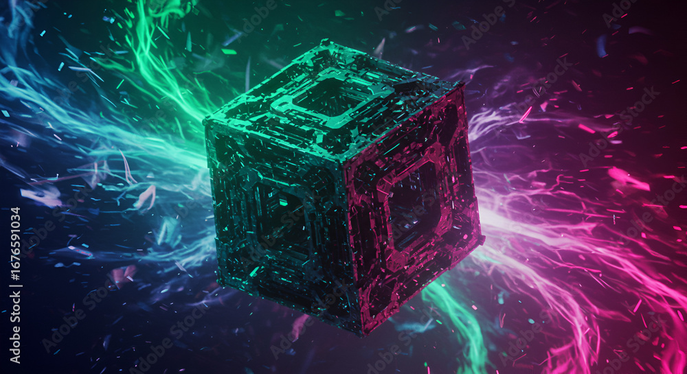 Poster abstract futuristic cube with neon energy streams for technology and science