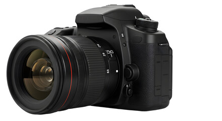 Fototapeta premium Professional DSLR camera with a large lens positioned on a clean surface, showcasing modern photography gear