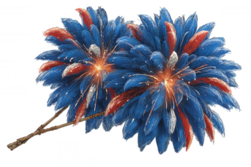 Two vibrant blue red and white fireworks exploding with sparks isolated on transparent background