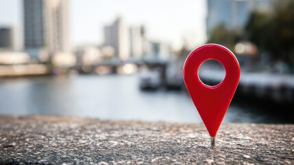 Close up of a bright red map location pin marker standing on a concrete surface with a city river view background