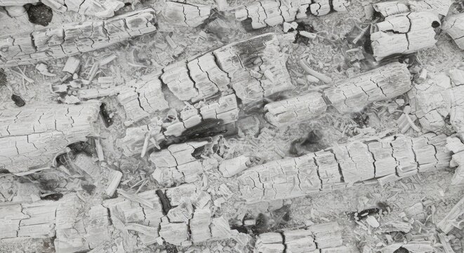 Close-up of gray ash wood marked &ldquo;akk,&rdquo; with burning white bark and charcoal wood in the background.

