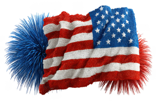 Waving american flag made of small rings with fireworks isolated on transparent background