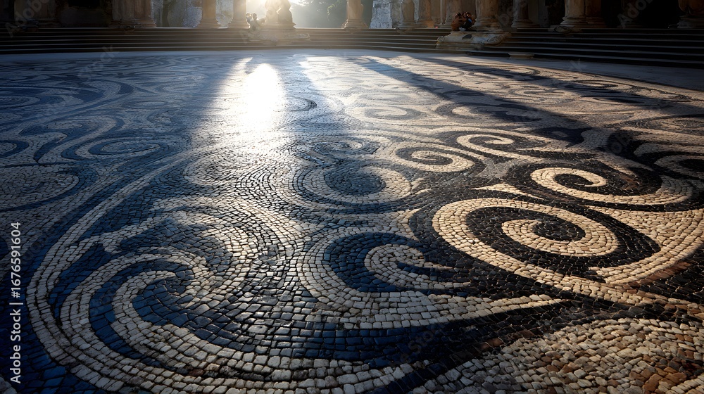 Poster intricate mosaic pavement design with swirling patterns, showcasing light and shadow.