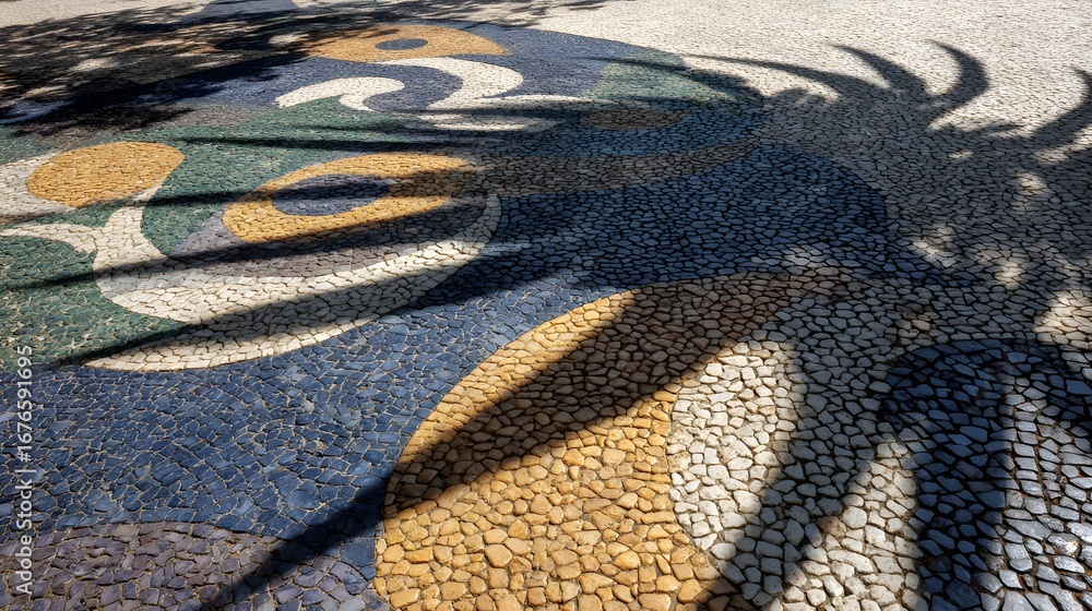 Poster intricate mosaic pavement design casts artistic palm tree shadows, creating a vibrant pattern of col