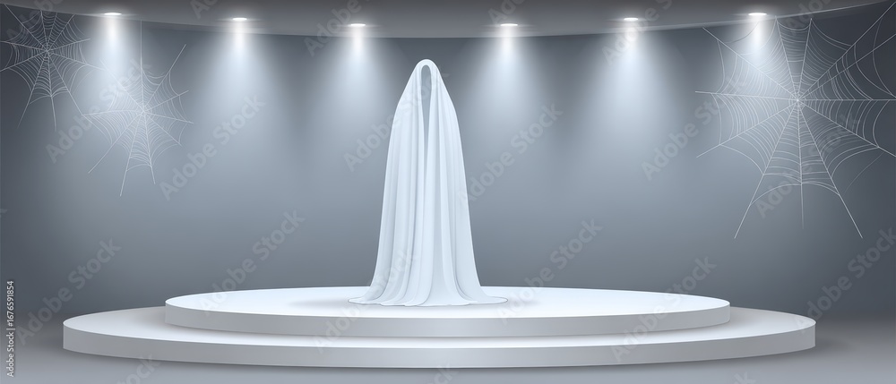 Poster modern minimalistic stage with a flowing fabric backdrop and spotlighting for presentation or event 